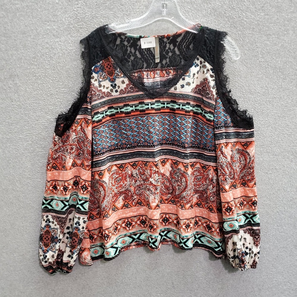 Jesse & J Women Top L Orange Paisley Geometric Floral Blouse Boho‎ Cold Shoulder